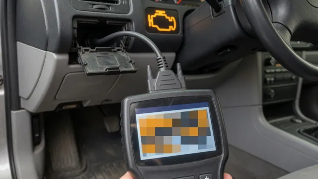 OBD-II scan tool connected under a dashboard to read a P1697 trouble code while the check engine light is on