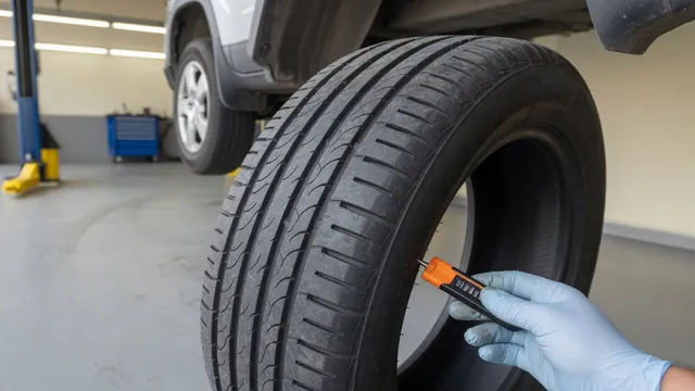 Technician measuring tread depth on an unevenly worn compact SUV rear tire with inner-edge wear