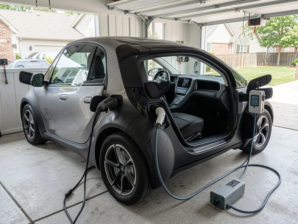 Portable EV charging cable with an inline control box connecting a parked electric car to a garage outlet