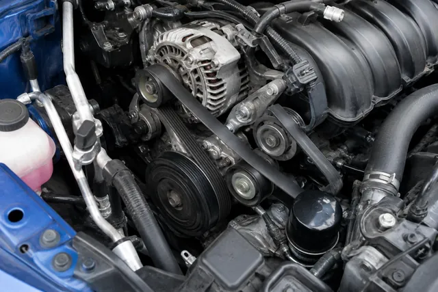 Serpentine belt and pulley detail illustrating a Toyota Corolla belt inspection with the engine off