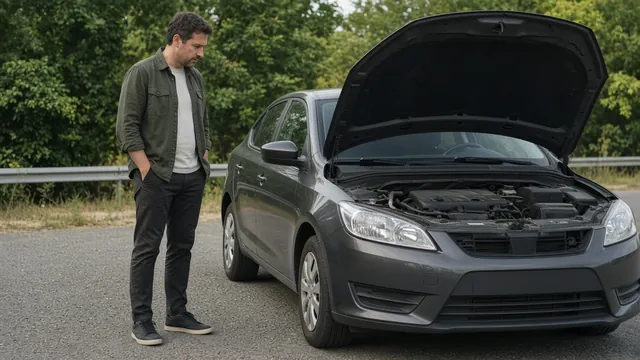 Driver beside a parked car with its hood open, observing the engine bay without touching components