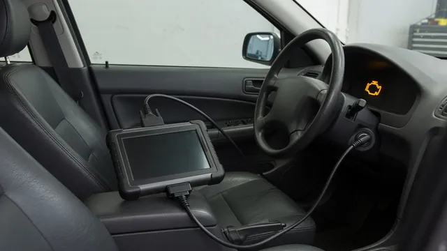 Diagnostic scanner beside a vehicle with a check engine light illuminated