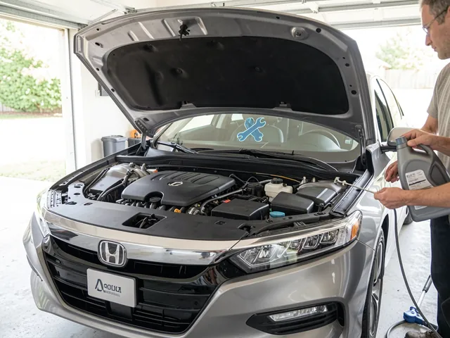 Owner checking the dipstick on a Honda Accord with the hood open and a maintenance reminder icon visible on the dashboard