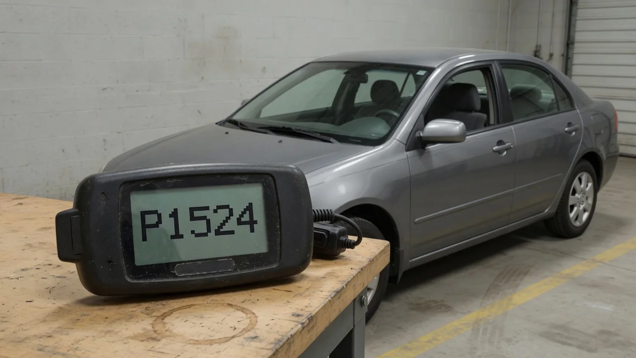 Diagnostic scanner displaying P1524 beside a parked vehicle with its engine off