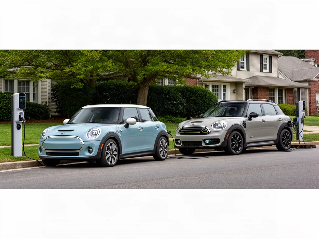 Electric MINI Cooper and Countryman parked beside charging stations on a suburban street