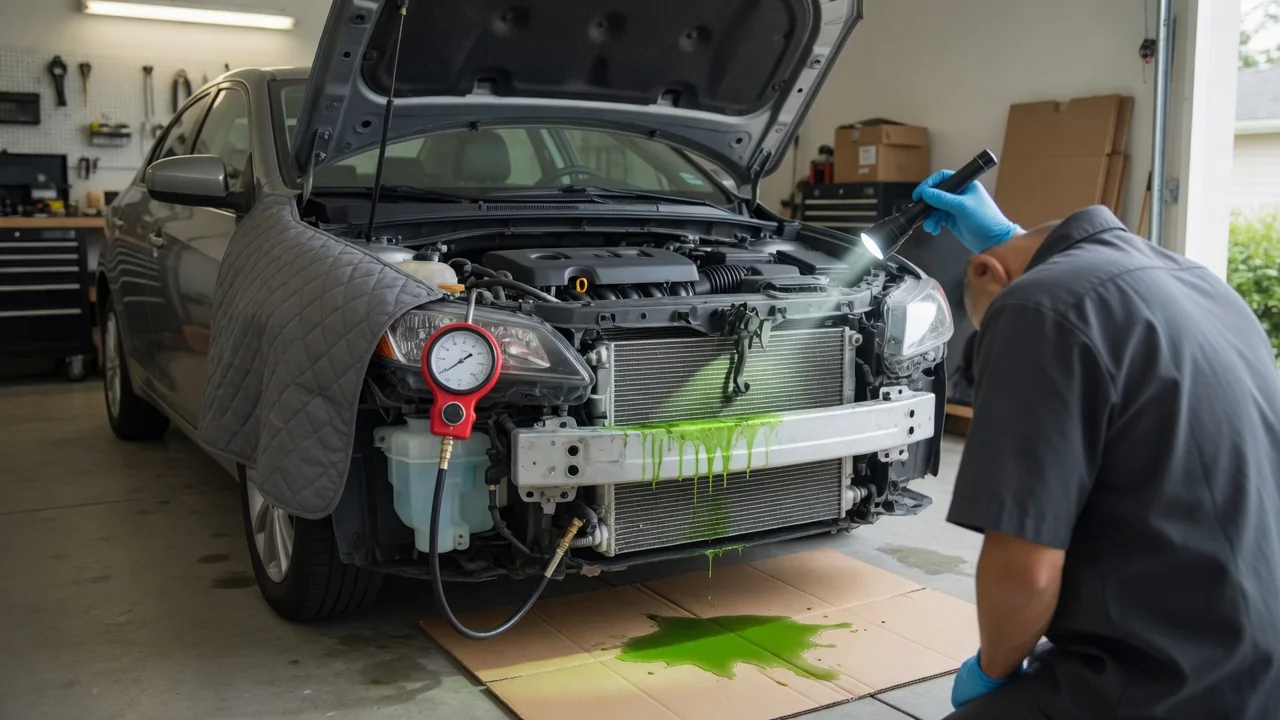 Person with a flashlight inspecting a coolant leak at a car radiator seam, with a pressure tester on the fender and a puddle on cardboard below