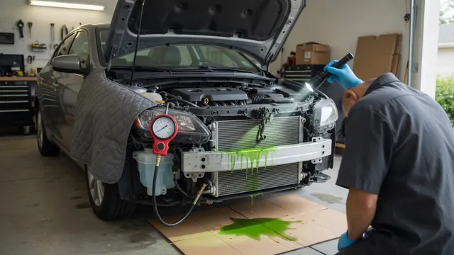 Person with a flashlight inspecting a coolant leak at a car radiator seam, with a pressure tester on the fender and a puddle on cardboard below