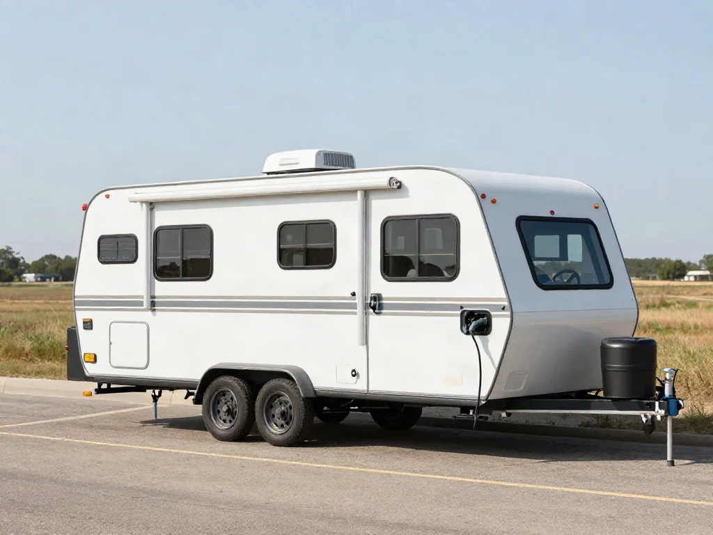 Electric vehicle connected to a travel trailer at a spacious roadside rest area