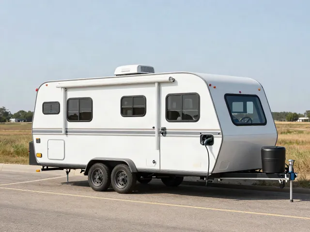 Electric vehicle connected to a travel trailer at a spacious roadside rest area