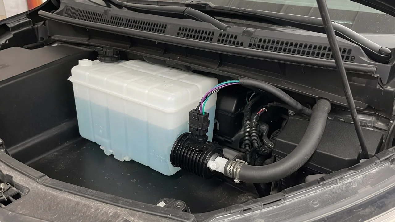 Windshield washer reservoir and electric pump with a hose leading toward the windshield spray nozzles