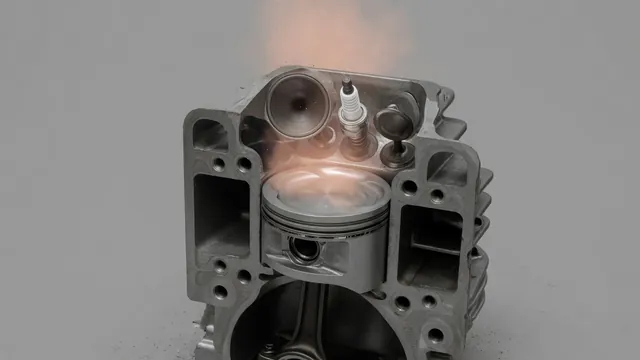 Illustration of an engine cylinder with a piston, valves, and spark plug during combustion