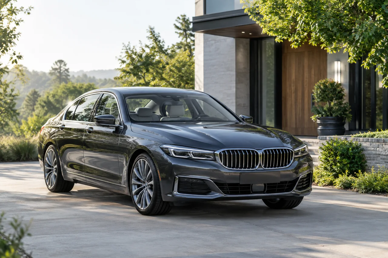 Luxury sedan parked outside a modern home with a leafy driveway
