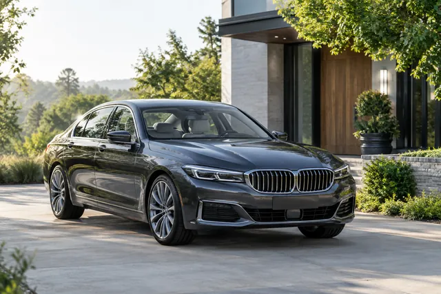 Luxury sedan parked outside a modern home with a leafy driveway
