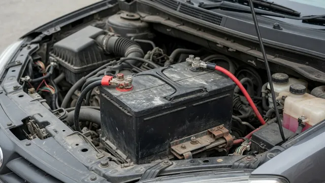 A 12V car battery in an engine bay with its case and terminal connections visible