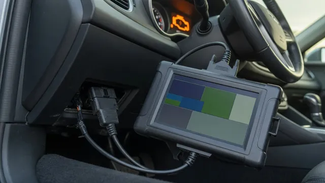 OBD-II scan tool connected under a car dashboard showing a diagnostic trouble code, with a check engine light glowing