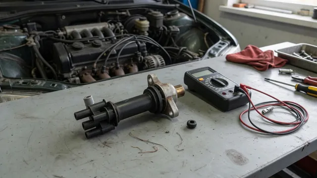 Digital multimeter beside a disconnected ignition coil on a clean automotive workbench