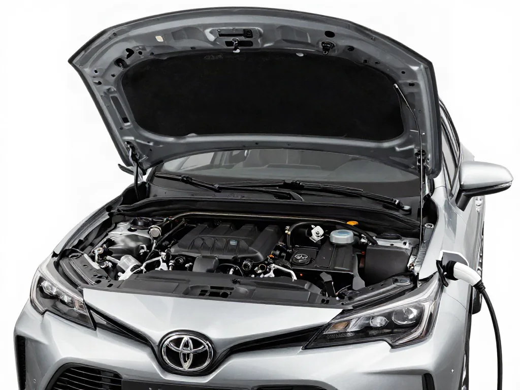Illustration of an EGR valve beside a Toyota engine bay with the hood open