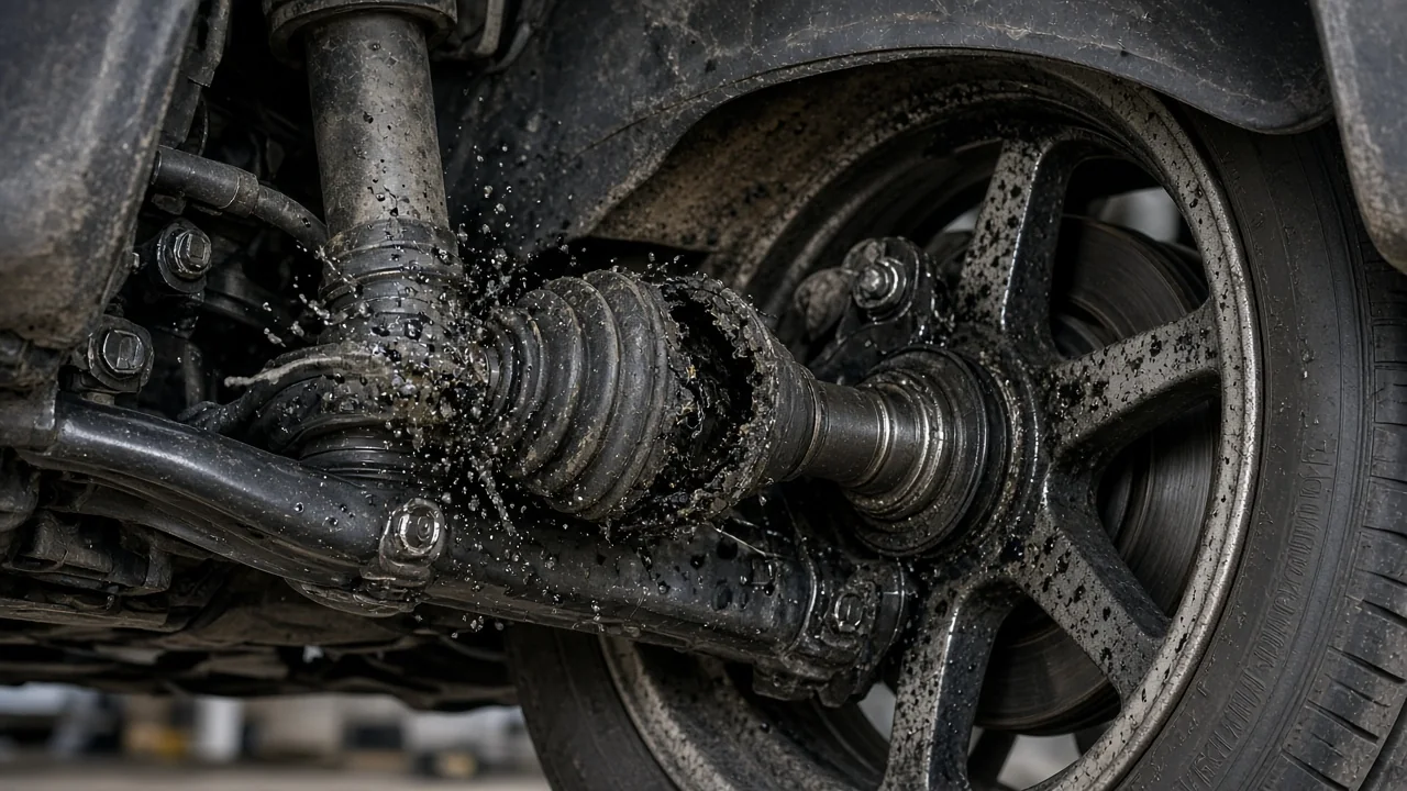 Torn CV boot on a car's front axle with dark grease splattered on nearby suspension parts and the inner wheel