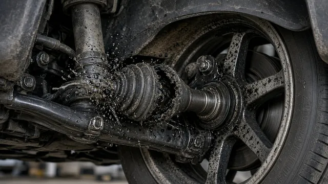 Torn CV boot on a car's front axle with dark grease splattered on nearby suspension parts and the inner wheel