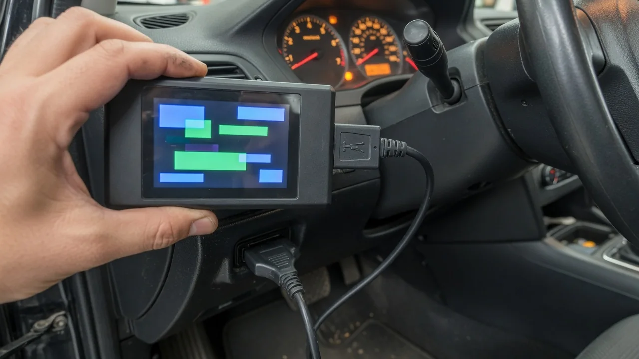 OBD-II scan tool plugged into a car's diagnostic port, reading trouble codes to diagnose a P1687 fault