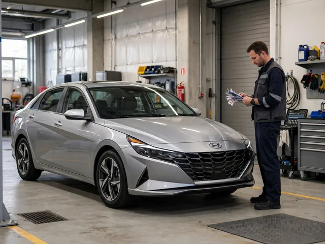 Hyundai Elantra parked in a service bay with a technician reviewing maintenance records