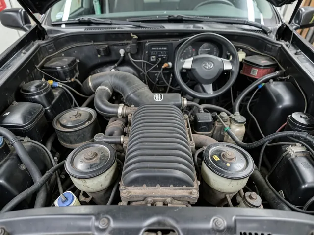 Stationary serpentine belt and accessory pulleys in an engine bay with the engine off
