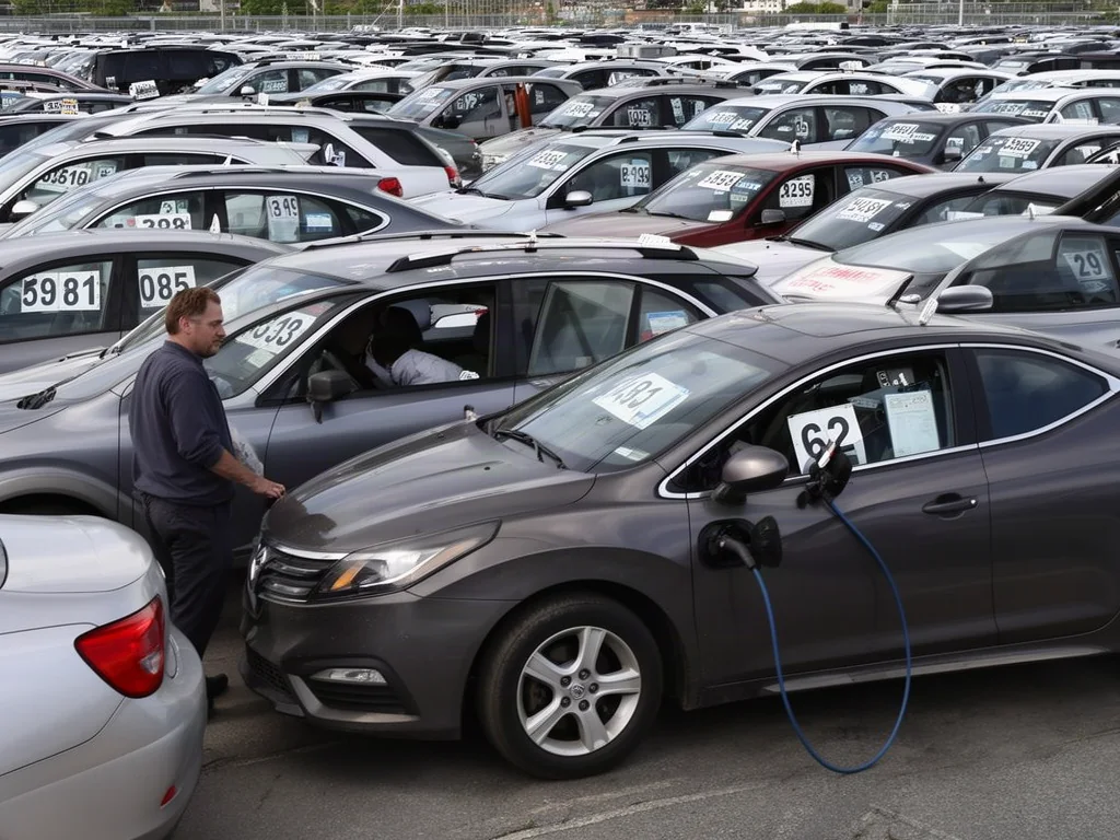Cars parked in a tow yard with auction lot tags visible through their windshields