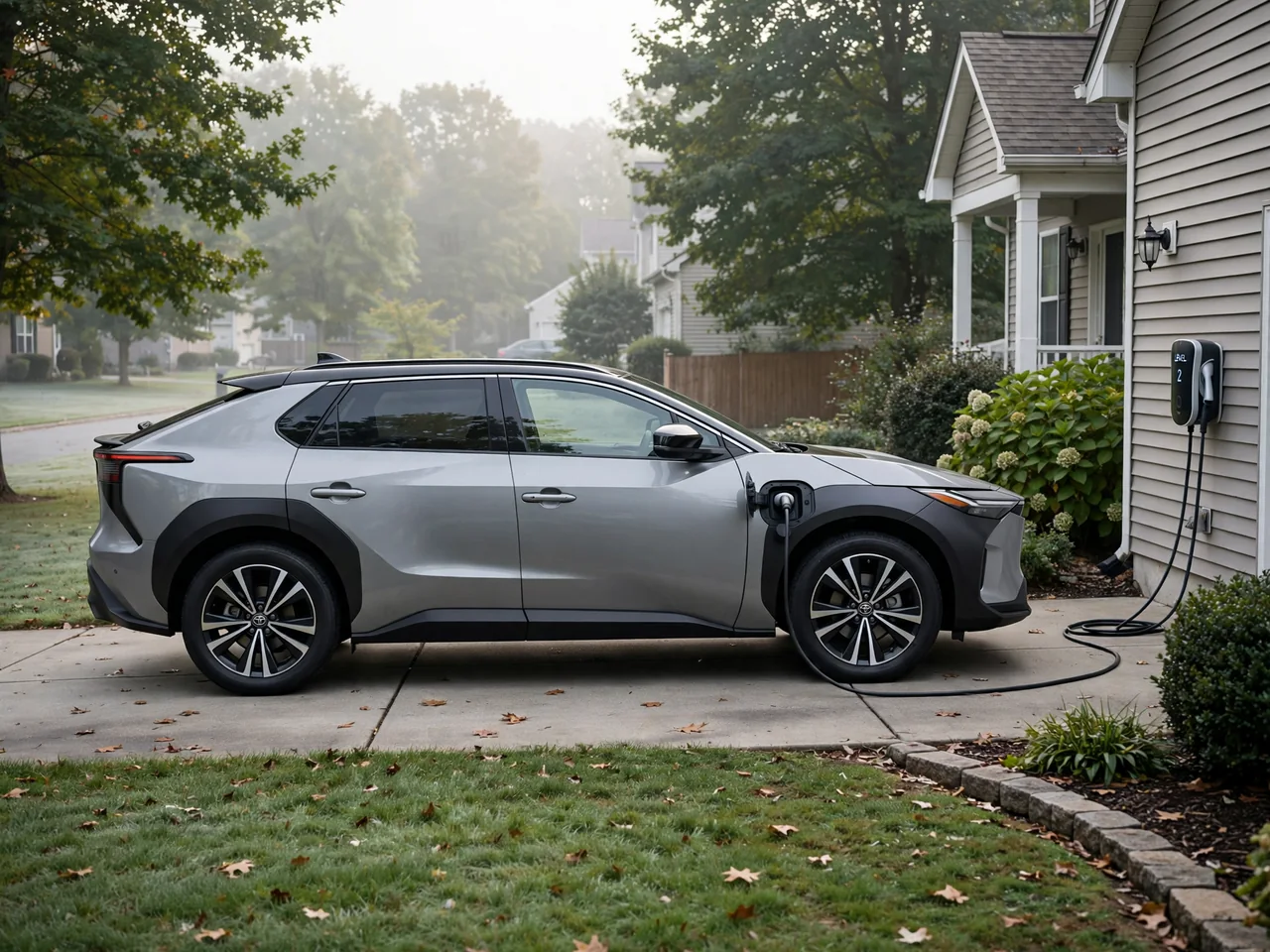 Toyota electric vehicle connected to a home charger beside a suburban driveway