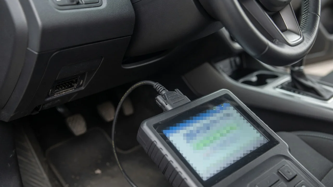 OBD-II scan tool plugged in under a car dashboard to read manufacturer-specific trouble codes