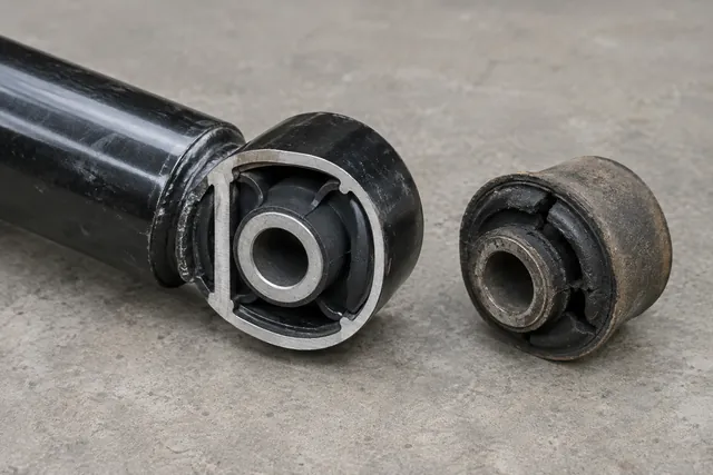 Shock absorber eye mount showing the rubber bushing and central metal sleeve
