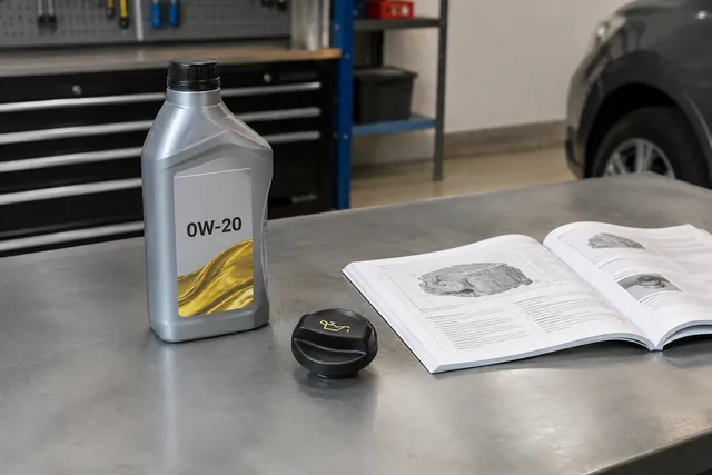 Bottle labeled SAE 0W-20 beside an owner's manual and an engine oil filler cap