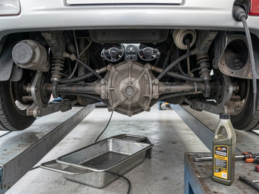 Rear differential housing of a sports coupe on a garage lift, with a drain pan and an unbranded bottle of gear oil nearby