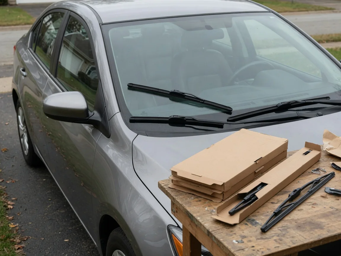Windshield wiper blades and their packaging beside a parked car with its wipers resting on the glass