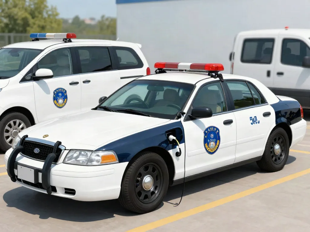 Retired police sedan with equipment removed parked beside a company fleet vehicle
