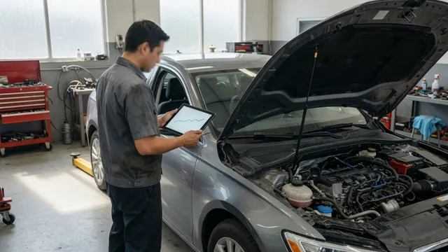Technician reviewing coolant temperature scan data beside a parked vehicle with its engine cool.