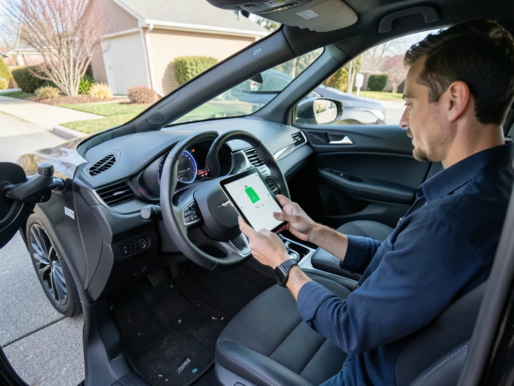 EV owner reviewing battery health information on a tablet beside a parked electric car