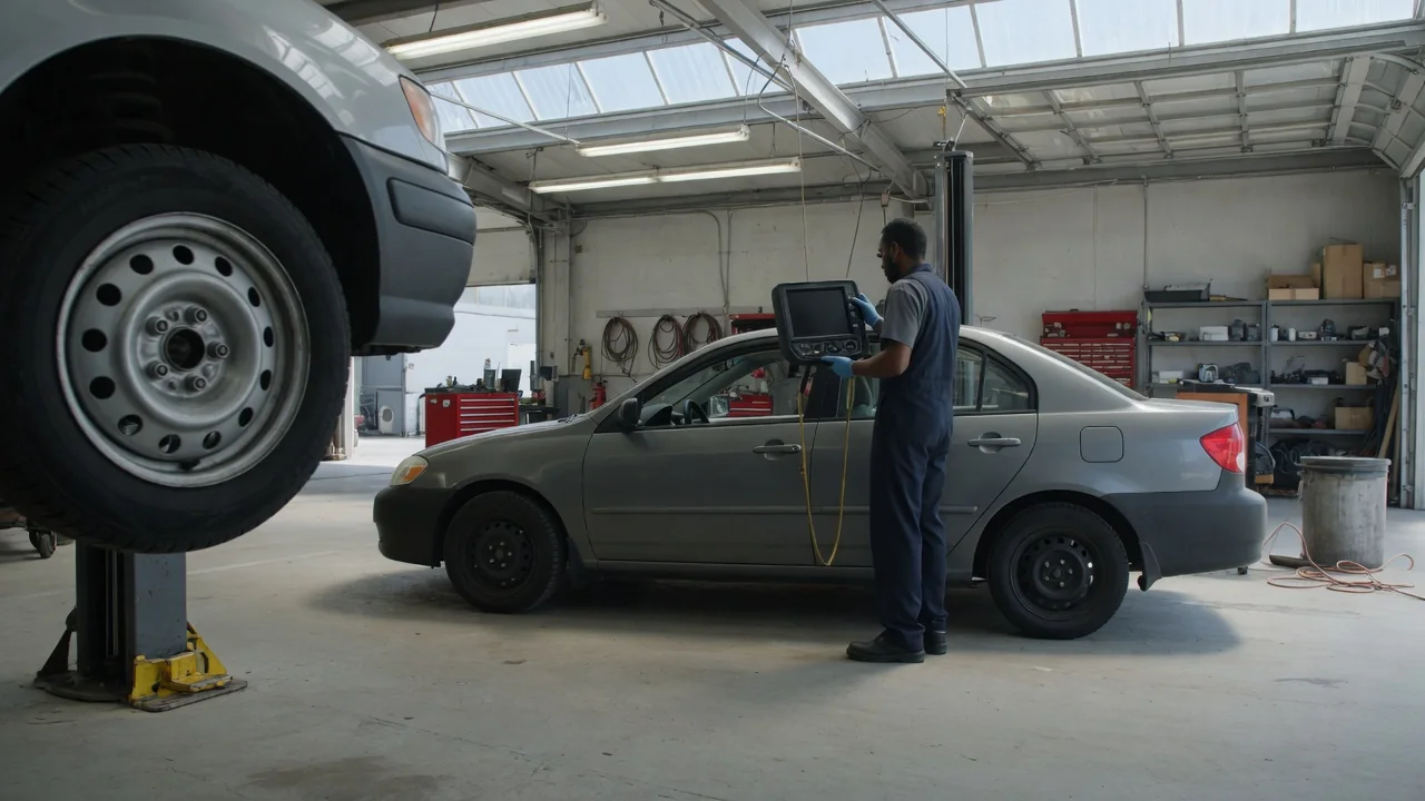 Technician reviewing ABS diagnostic information beside a vehicle in a service bay