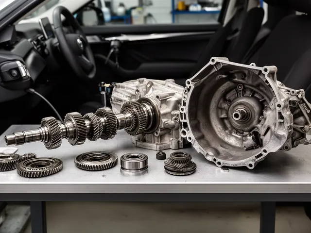 Disassembled manual transmission with gears, shafts, and housing arranged on a clean workshop bench