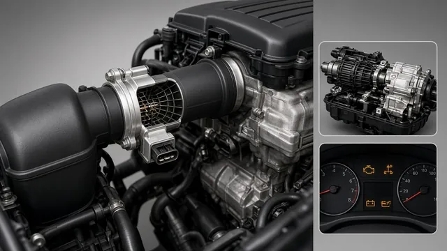 Illustration of a mass air flow sensor with engine, automatic transmission, and dashboard warning symbols