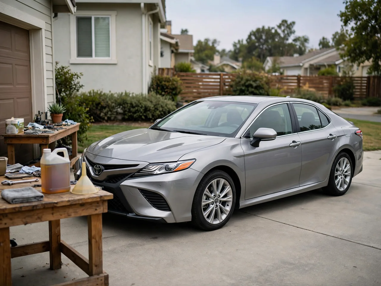 Toyota Camry parked on a level driveway with engine oil and a funnel beside the car