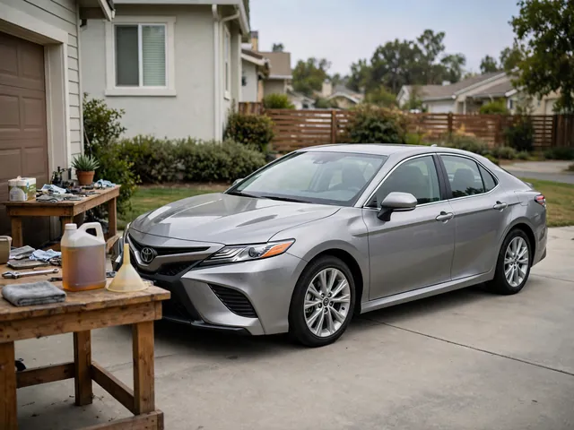 Toyota Camry parked on a level driveway with engine oil and a funnel beside the car