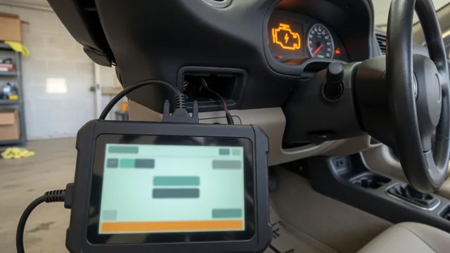 OBD-II scan tool plugged into a car's diagnostic port, with the check engine light on in the background
