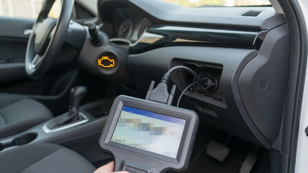 OBD-II scan tool connected under a dashboard to read a P1498 trouble code while the check engine light is on