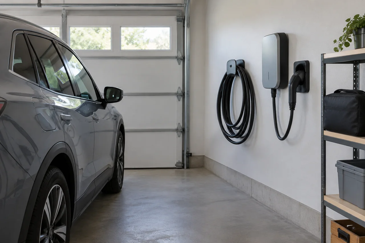 EV charging cable stored in broad loops on a garage wall holder, with its connector secured in a holster.