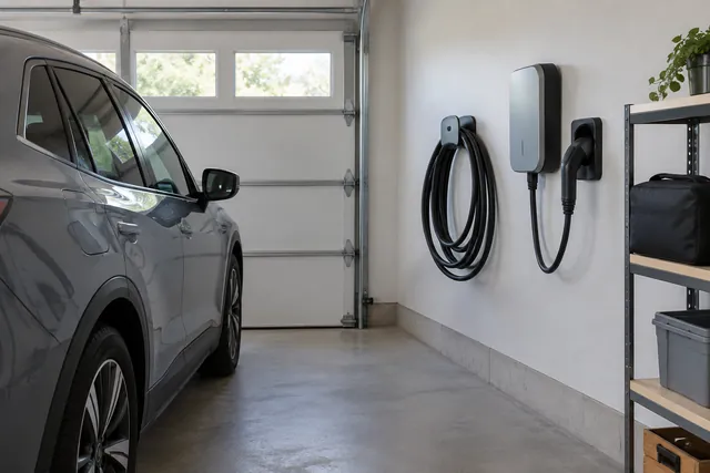 EV charging cable stored in broad loops on a garage wall holder, with its connector secured in a holster.