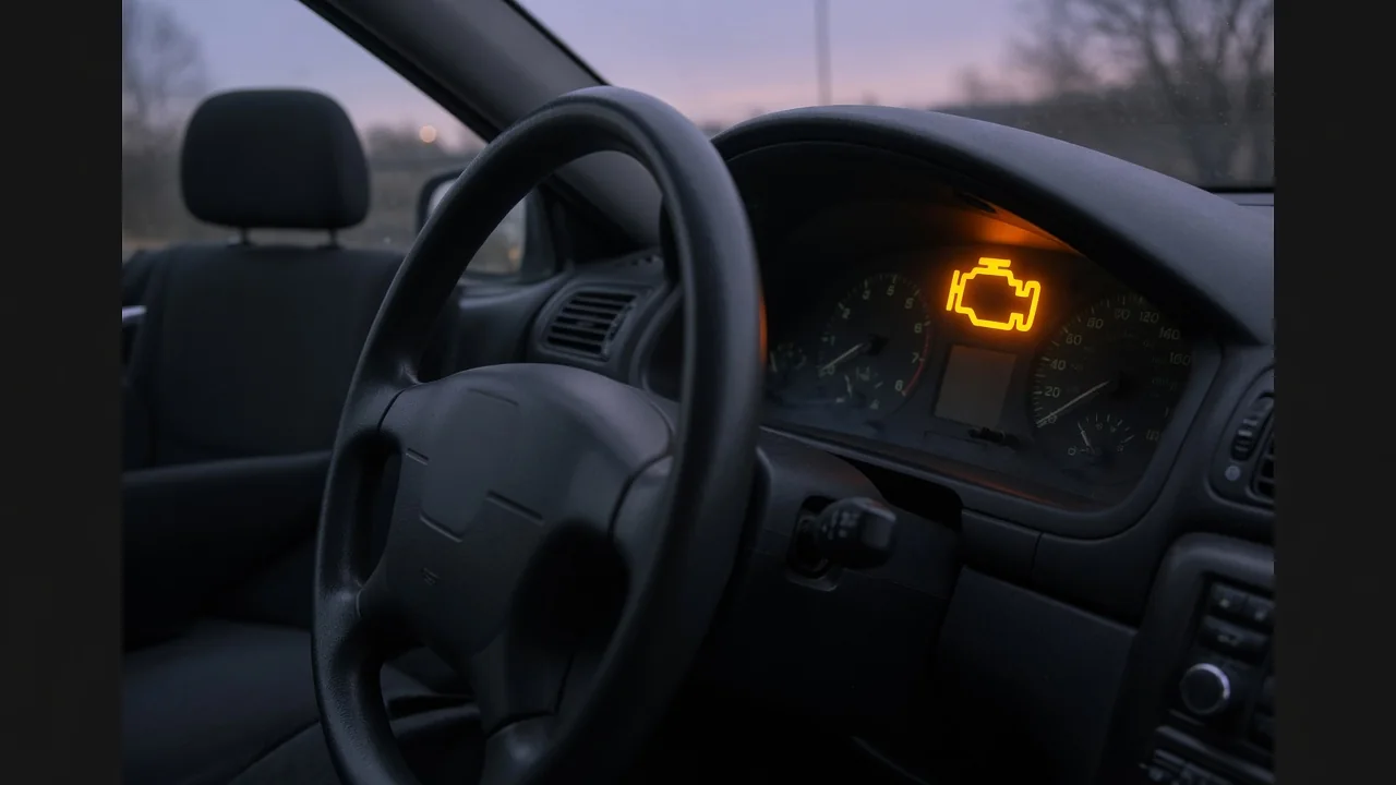 Illustration of a Jeep instrument cluster with an illuminated amber check engine symbol