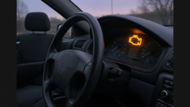 Illustration of a Jeep instrument cluster with an illuminated amber check engine symbol