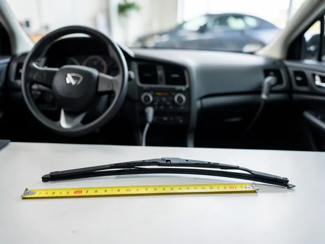 Windshield wiper blade beside a measuring tape, with its arm connector visible
