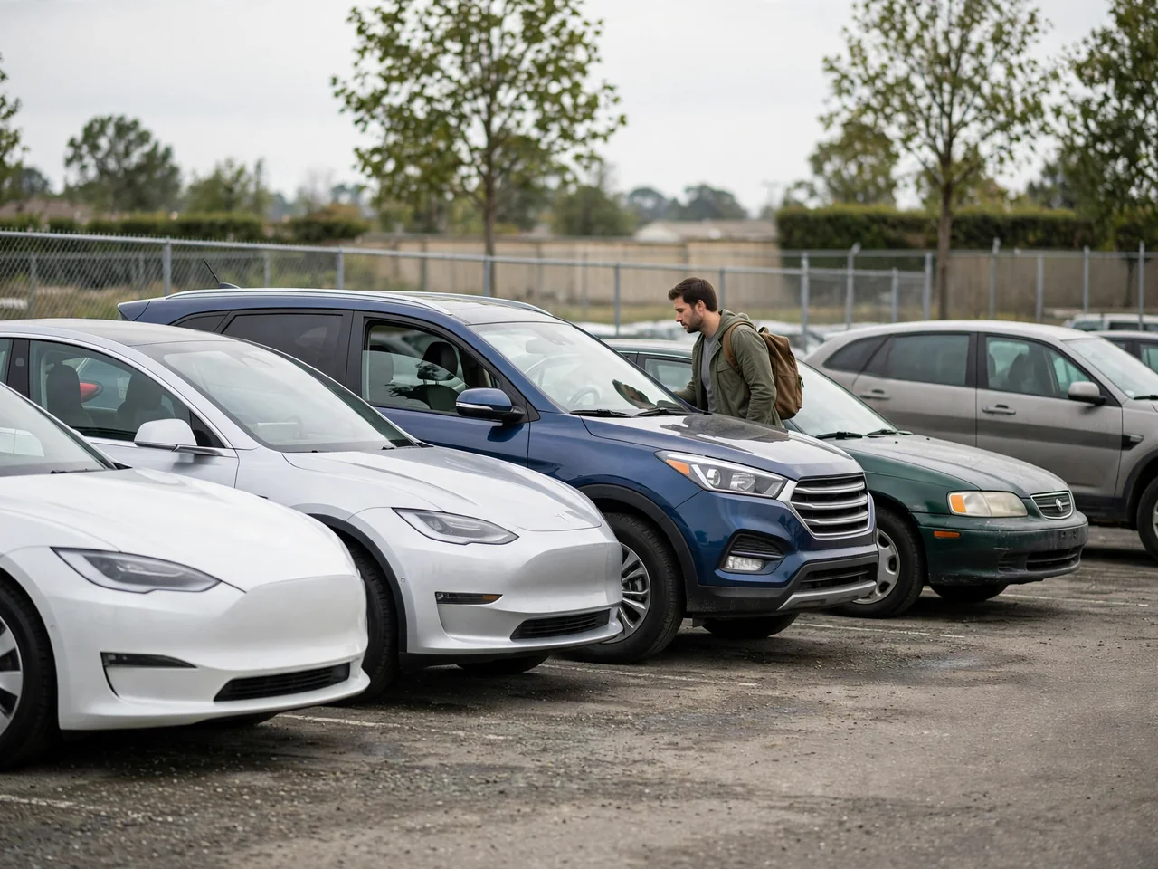 Row of used cars of different ages on a dealer lot as a buyer looks at a mid-age vehicle