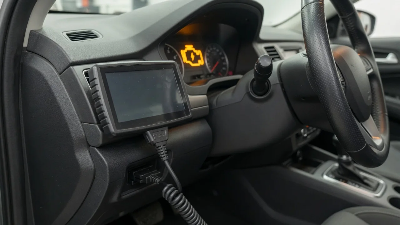 OBD-II scan tool plugged into a car's diagnostic port, with the check engine light on in the background